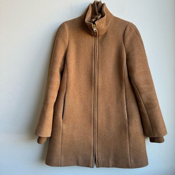 J. Crew Italian Wool Blend Brown Full Zip High Neck Pea Coat Jacket Size 2 - Picture 1 of 11